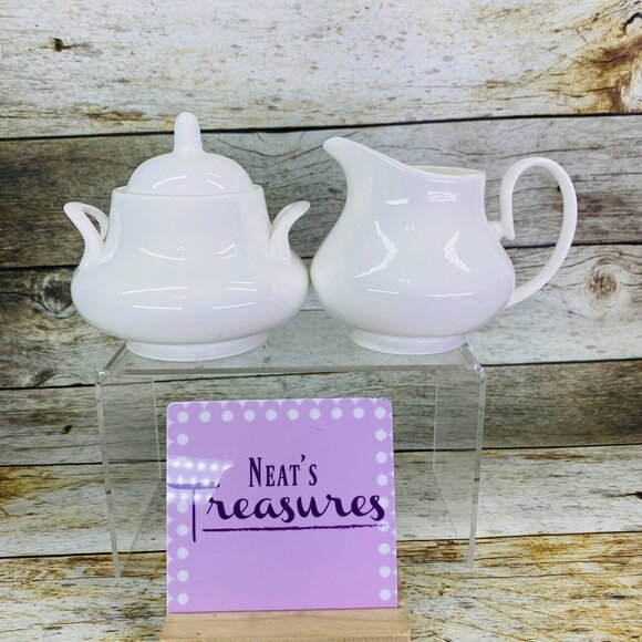 Fitz & Floyd NEAVAEH WHITE Solid Bone China Lidded Sugar Bowl & 14oz Creamer Set
